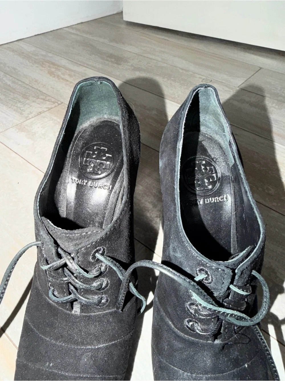 Tory Burch Black Suede Lace-Up Heel Oxfords
